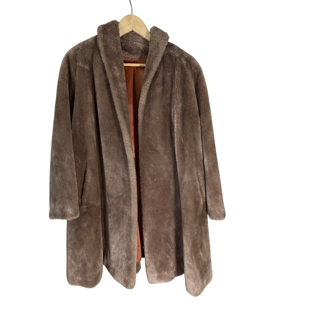 Vintage Borgana Borg Fabric Faux Fur Coat Taupe Brown Shawl Collar Mid Length‎ L